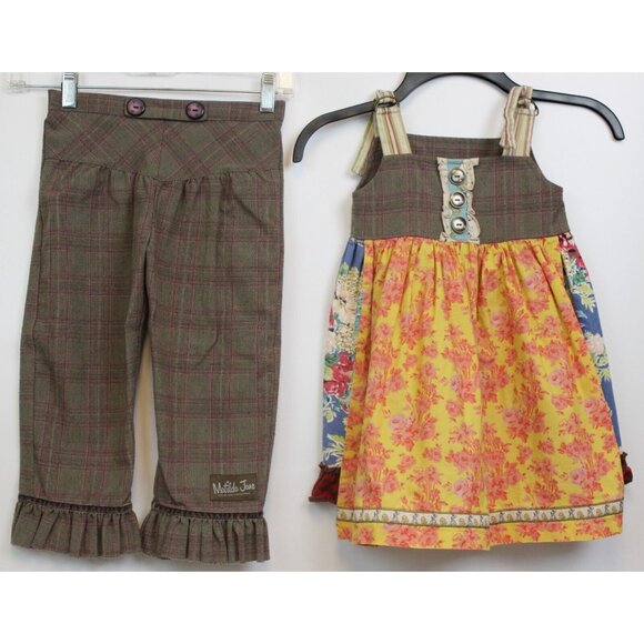 Matilda Jane Apron Dress Pants sz 4 Floral Plaid Ruffle Autumn Fall Roses Strap - Picture 1 of 14